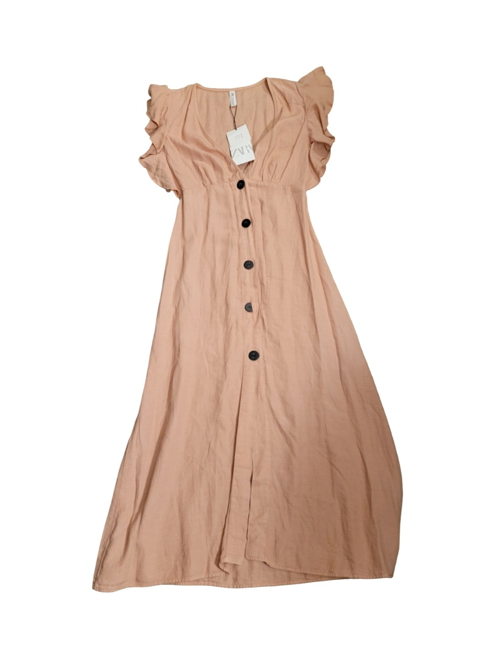 Zara Blush Pink Linen Button-Front Maxi Dress with Ruffle Sleeves
